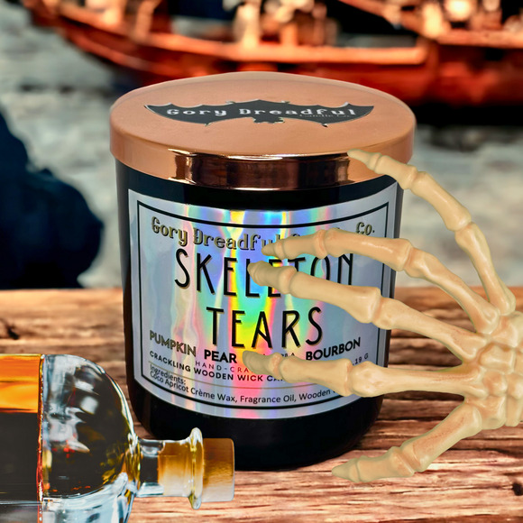 Skeleton Tears Crackling Wooden Wick Candle: Pumpkin Pear Cassia Bourbon Scent - Picture 4 of 10